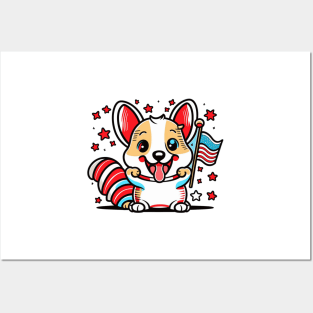 An adorable and mischievous corgi holding an American flag Posters and Art
